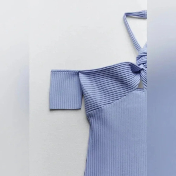 Zara Ribbed Knit Knot Halter Neck Mini Dress Sky Blue NWOT Size Medium - Picture 3 of 7